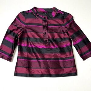 Talbots 100% Silk Burgundy & Black Striped 3/4 Sleeves Mandarin Collar Top Sz 10